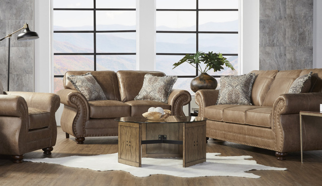 1745 Nailhead Trim on Sofa and Love in Mica, Ginger and Brown